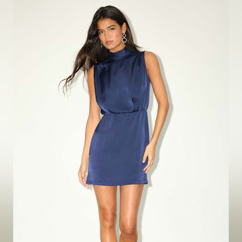 NWT - XS - Lulus Classic Elegance Navy Satin Sleeveless Mock Neck Mini Dress